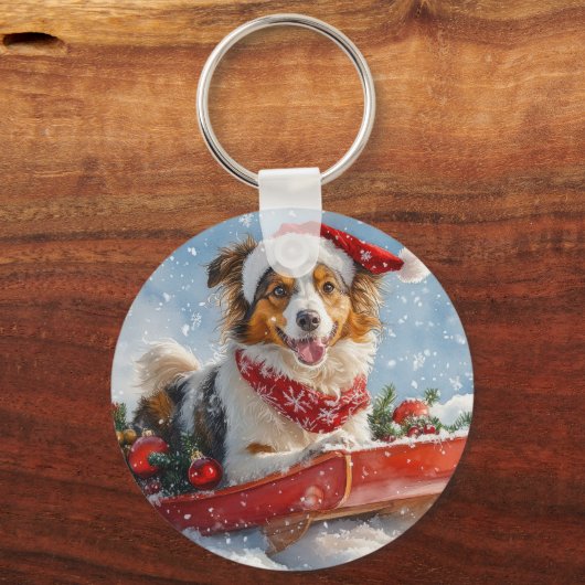 Rough Collie Dog in Sledge Let it Snow Christmas Schlüsselanhänger (Vorderseite)