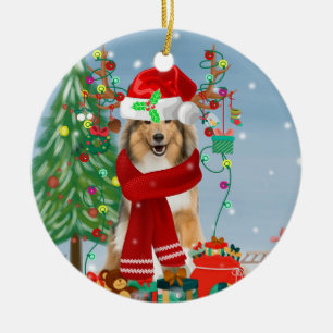 Rough Collie Dog in Snow Christmas Gift Keramik Ornament