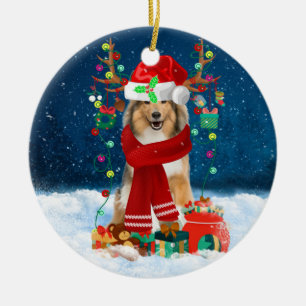 Rough Collie Dog in Snow with Christmas Gifts Keramik Ornament