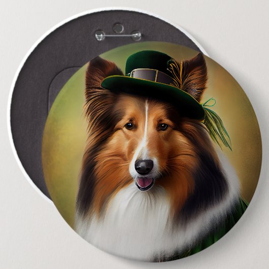 Rough Collie Dog in St. Patrick's Day Dress Button (Vorne & Hinten)