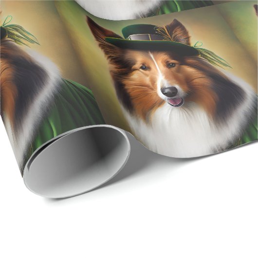 Rough Collie Dog in St. Patrick's Day Dress Geschenkpapier (Rolleneckpunkt)