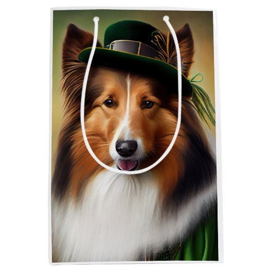 Rough Collie Dog in St. Patrick's Day Dress Mittlere Geschenktüte (Vorderseite)