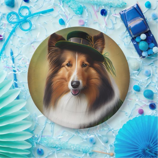 Rough Collie Dog in St. Patrick's Day Dress Pappteller (Party)