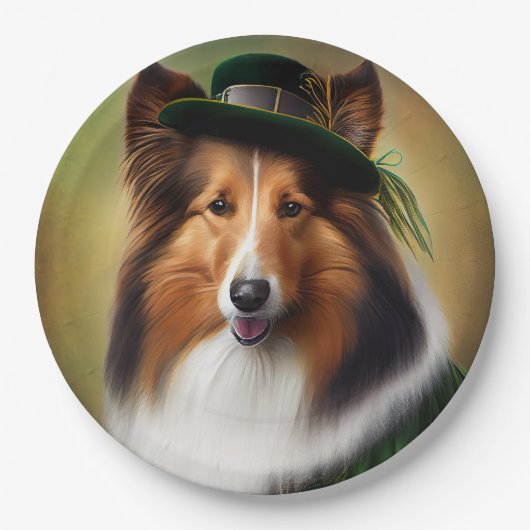 Rough Collie Dog in St. Patrick's Day Dress Pappteller (Vorderseite)