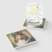 Rough Collie Dog in St. Patrick's Day Dress Steinuntersetzer (Seitenansicht)