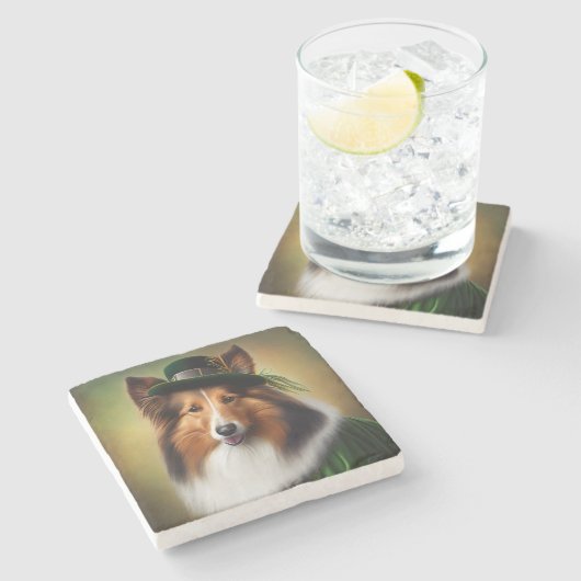Rough Collie Dog in St. Patrick's Day Dress Steinuntersetzer (Seitenansicht)