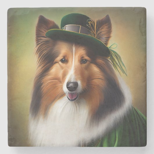 Rough Collie Dog in St. Patrick's Day Dress Steinuntersetzer (Vorderseite)