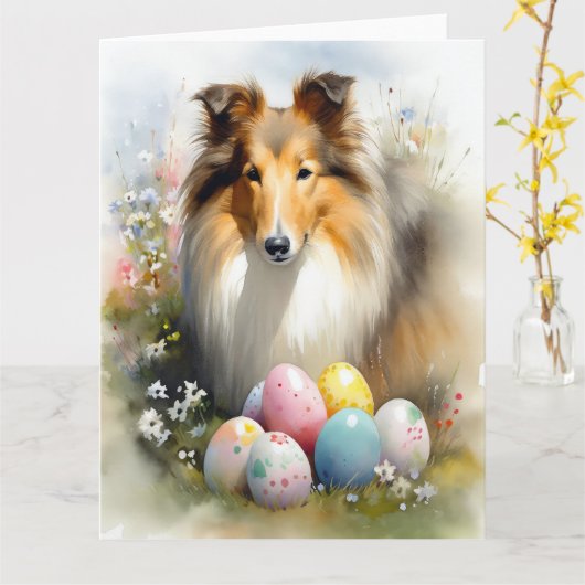 Rough Collie Dog mit Ostereiern Urlaub Karte (Gelbe Blume)