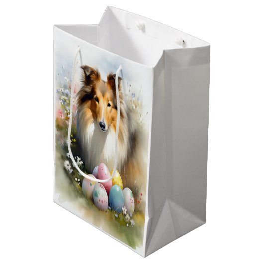 Rough Collie Dog mit Ostereiern Urlaub Mittlere Geschenktüte (Vorderseite Schrägansicht)