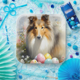 Rough Collie Dog mit Ostereiern Urlaub Pappteller