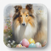 Rough Collie Dog mit Ostereiern Urlaub Pappteller (Vorderseite)