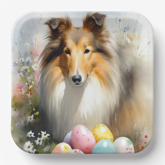 Rough Collie Dog mit Ostereiern Urlaub Pappteller (Vorderseite)