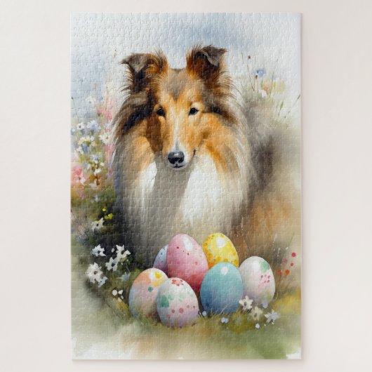 Rough Collie Dog mit Ostereiern Urlaub Puzzle (Vertikal)