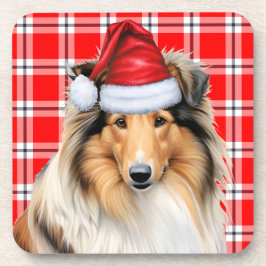 Rough Collie Dog mit Red Holiday Karierte Weihnach Getränkeuntersetzer