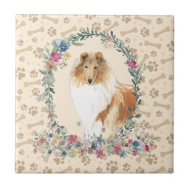 Rough Collie Dog Paw Print Floral Niedlich Beige Fliese