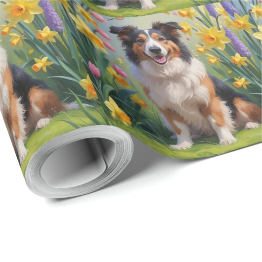 Rough Collie Dog Spring Flowers Malerei Geschenkpapier (Rolleneckpunkt)