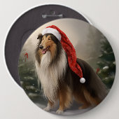 Rough Collie Dog zu Schnee Weihnachten Button (Vorne & Hinten)