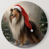 Rough Collie Dog zu Schnee Weihnachten Button (Vorderseite)