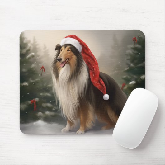 Rough Collie Dog zu Schnee Weihnachten Mousepad (Mit Mouse)