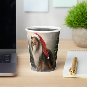 Rough Collie Dog zu Schnee Weihnachten Pappbecher