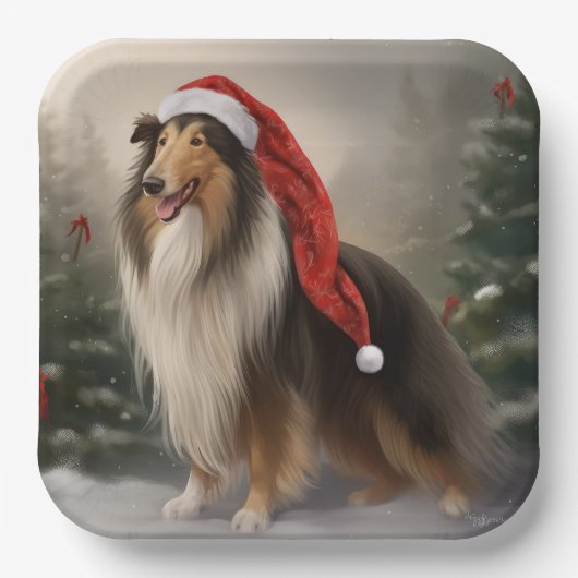 Rough Collie Dog zu Schnee Weihnachten Pappteller (Vorderseite)