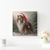 Rough Collie Dog zu Schnee Weihnachten Quadratische Wanduhr (Zuhause)