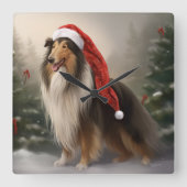 Rough Collie Dog zu Schnee Weihnachten Quadratische Wanduhr (Vorderseite)
