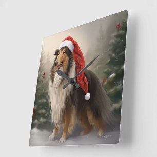 Rough Collie Dog zu Schnee Weihnachten Quadratische Wanduhr