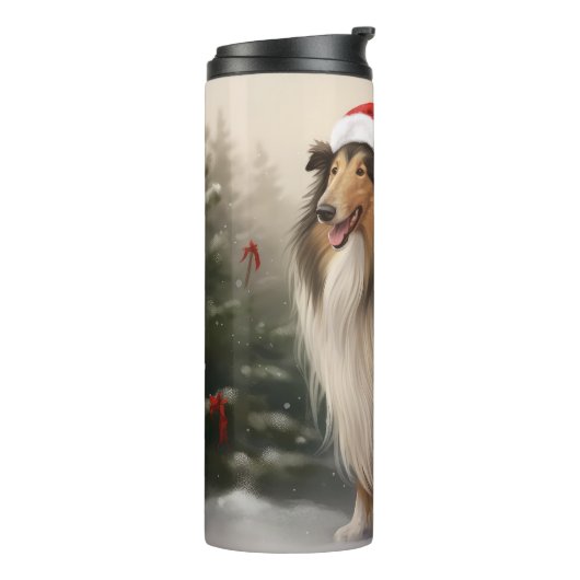 Rough Collie Dog zu Schnee Weihnachten Thermosbecher (Nach links gedreht)