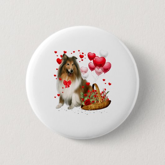 Rough Collie Heart Balloon Happy Valentine Day Dog Button (Vorderseite)