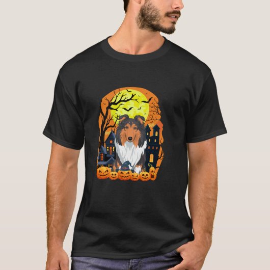 Rough Collie Hund mit Pumpkins Funny Beängstigend T-Shirt (Vorderseite)