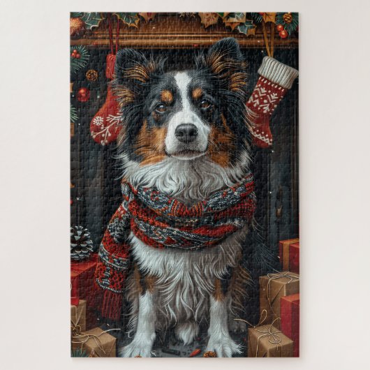 Rough Collie Hund mit Weihnachtsgeschenken Kamin Puzzle (Vertikal)