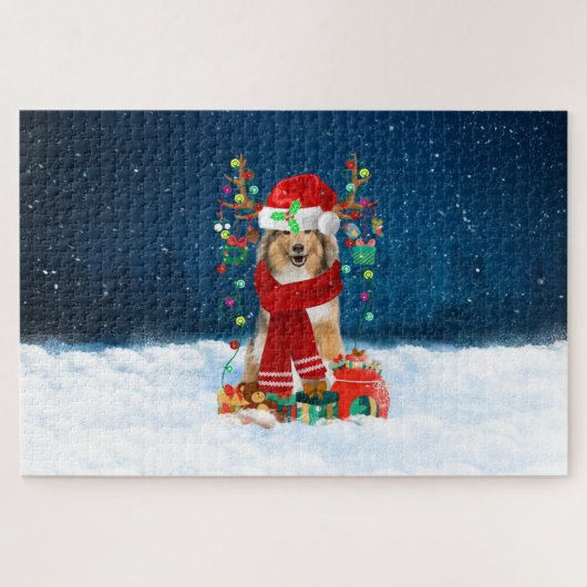 Rough Collie Hund mit Weihnachtsgeschenken Puzzle (Horizontal)
