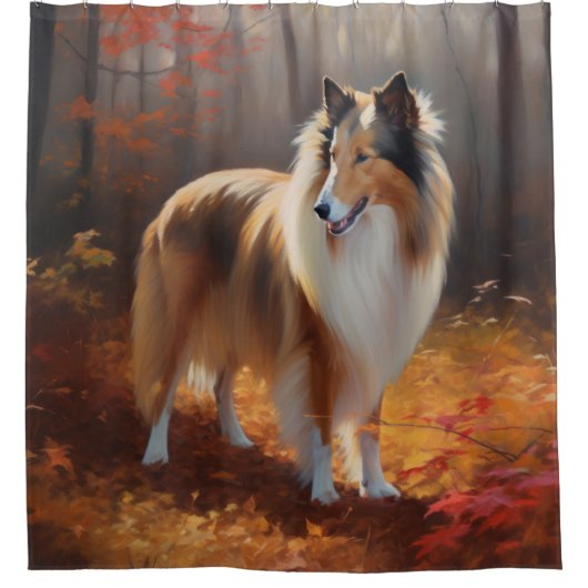 Rough Collie im Herbst Leaves Fall Inspiriert Duschvorhang (Vorderseite)