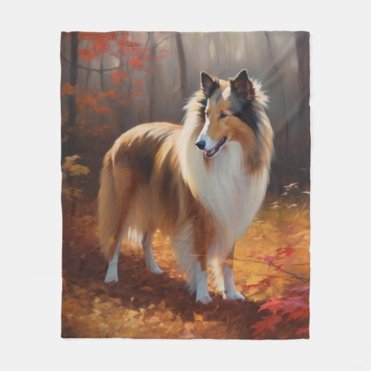 Rough Collie im Herbst Leaves Fall Inspiriert Fleecedecke (Vorderseite)