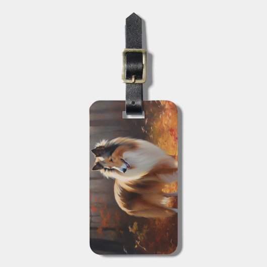 Rough Collie im Herbst Leaves Fall Inspiriert Gepäckanhänger (Vorderseite vertikal)