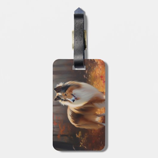 Rough Collie im Herbst Leaves Fall Inspiriert Gepäckanhänger (Rückseite vertikal)