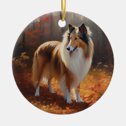 Rough Collie im Herbst Leaves Fall Inspiriert Keramik Ornament (Vorne)