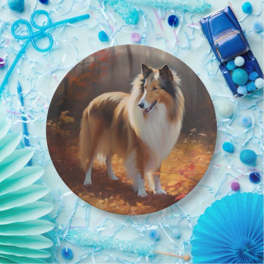 Rough Collie im Herbst Leaves Fall Inspiriert Pappteller (Party)
