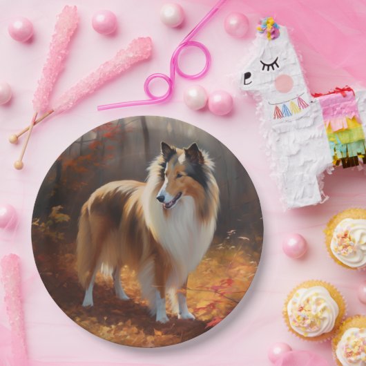 Rough Collie im Herbst Leaves Fall Inspiriert Pappteller (Party)