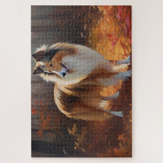 Rough Collie im Herbst Leaves Fall Inspiriert Puzzle (Vertikal)