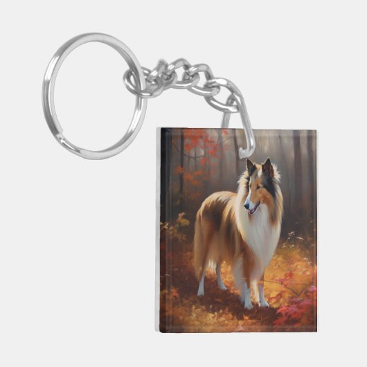 Rough Collie im Herbst Leaves Fall Inspiriert Schlüsselanhänger (Vorderseite links)