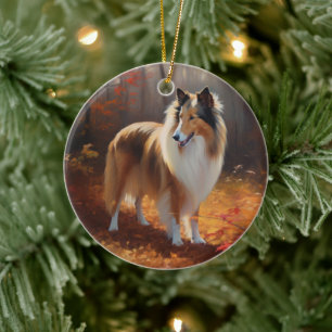 Rough Collie im Herbstlaubfall inspiriert Keramik Ornament