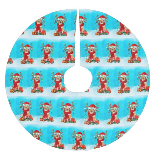 Rough Collie im Schnee mit Weihnachtsgeschenken Polyester Weihnachtsbaumdecke (Vorderseite)