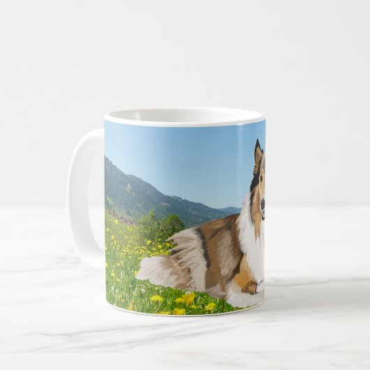 Rough Collie in einer Butercup Wiese Kaffeetasse (Vorderseite Links)