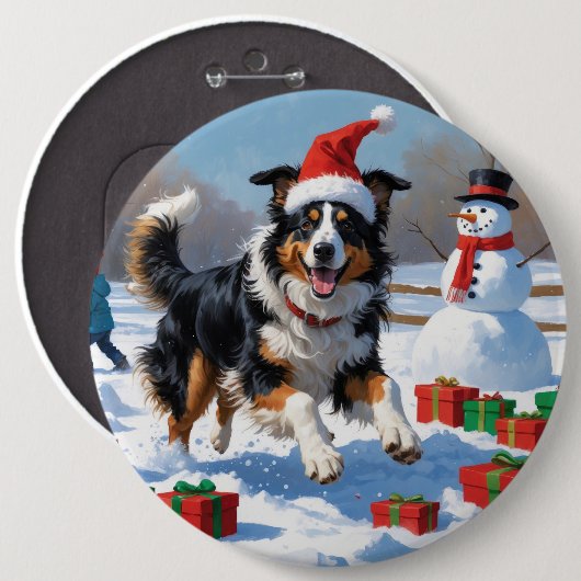 Rough Collie läuft im Schnee mit Weihnachtshut Button (Vorne & Hinten)