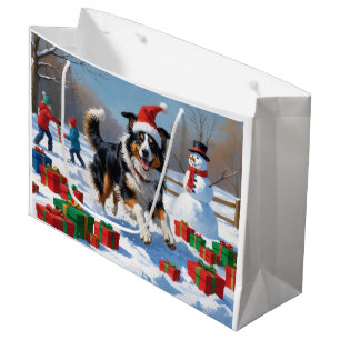 Rough Collie läuft im Schnee mit Weihnachtshut Große Geschenktüte