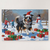 Rough Collie läuft im Schnee mit Weihnachtshut Puzzle (Horizontal)