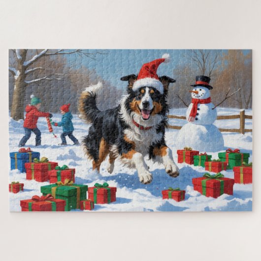 Rough Collie läuft im Schnee mit Weihnachtshut Puzzle (Horizontal)