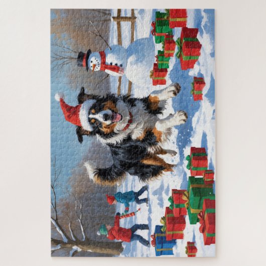 Rough Collie läuft im Schnee mit Weihnachtshut Puzzle (Vertikal)